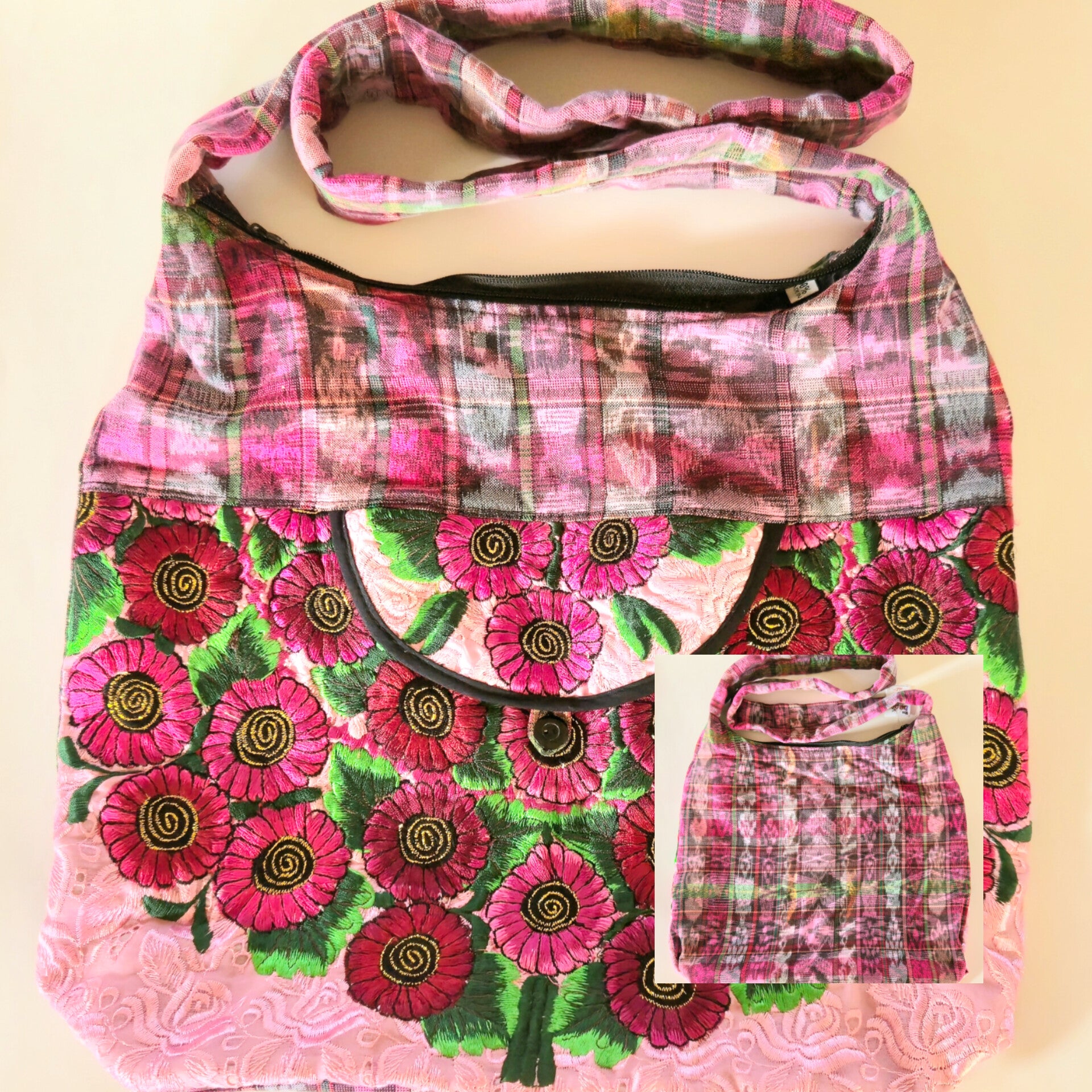 Floral patterned hobo bag on a beige background