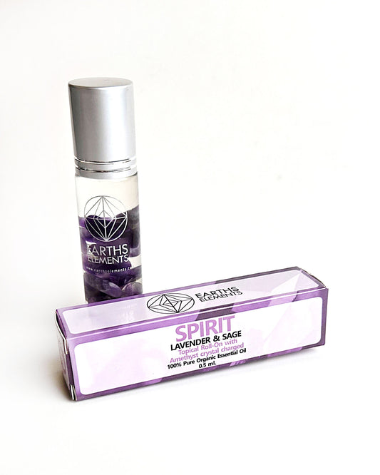 organic essential oil blend roll on of lavender and sage with amethyst crystals
