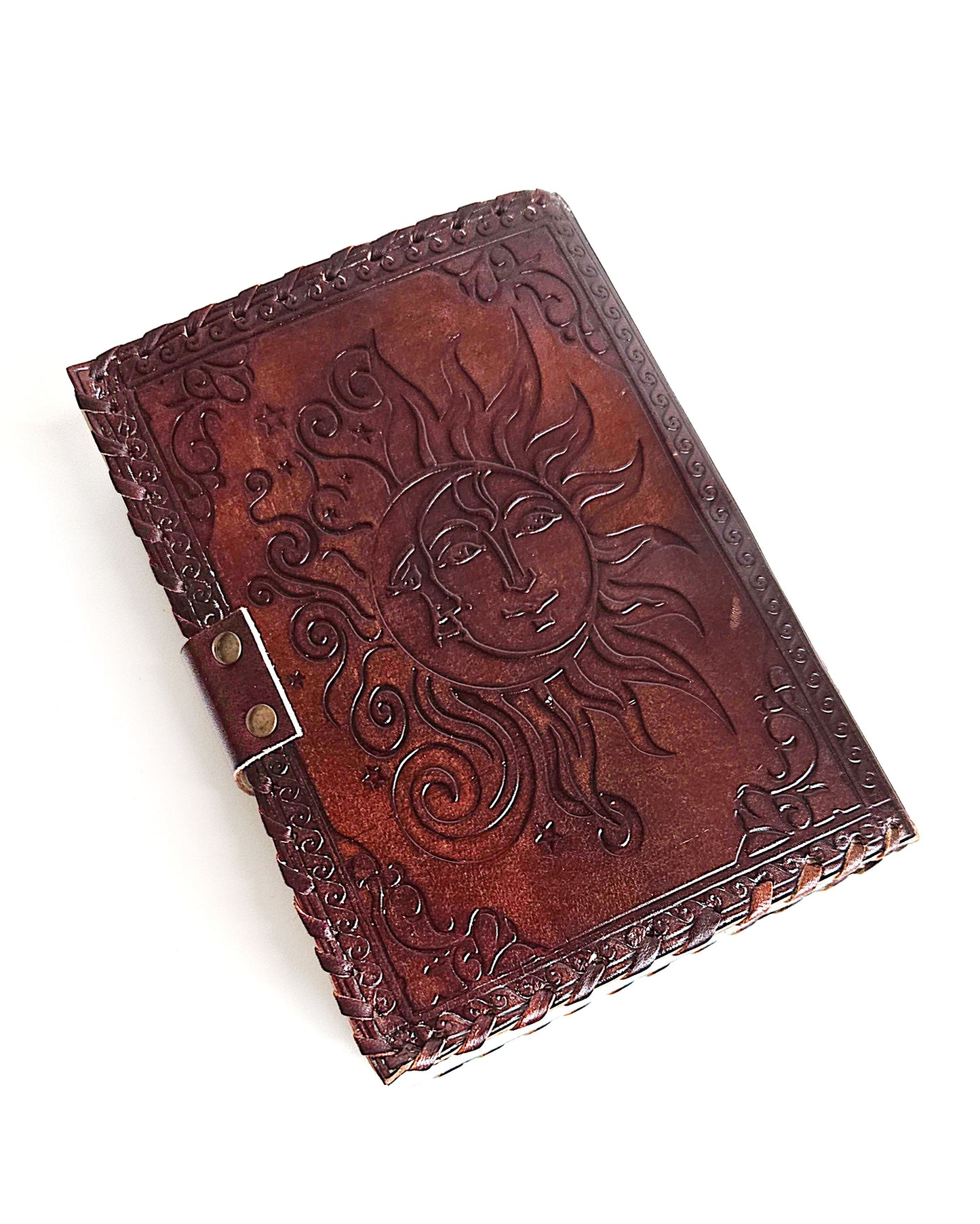 leather diary journal with embossed sun and moon design antique buckle closure and leather stitched edges back