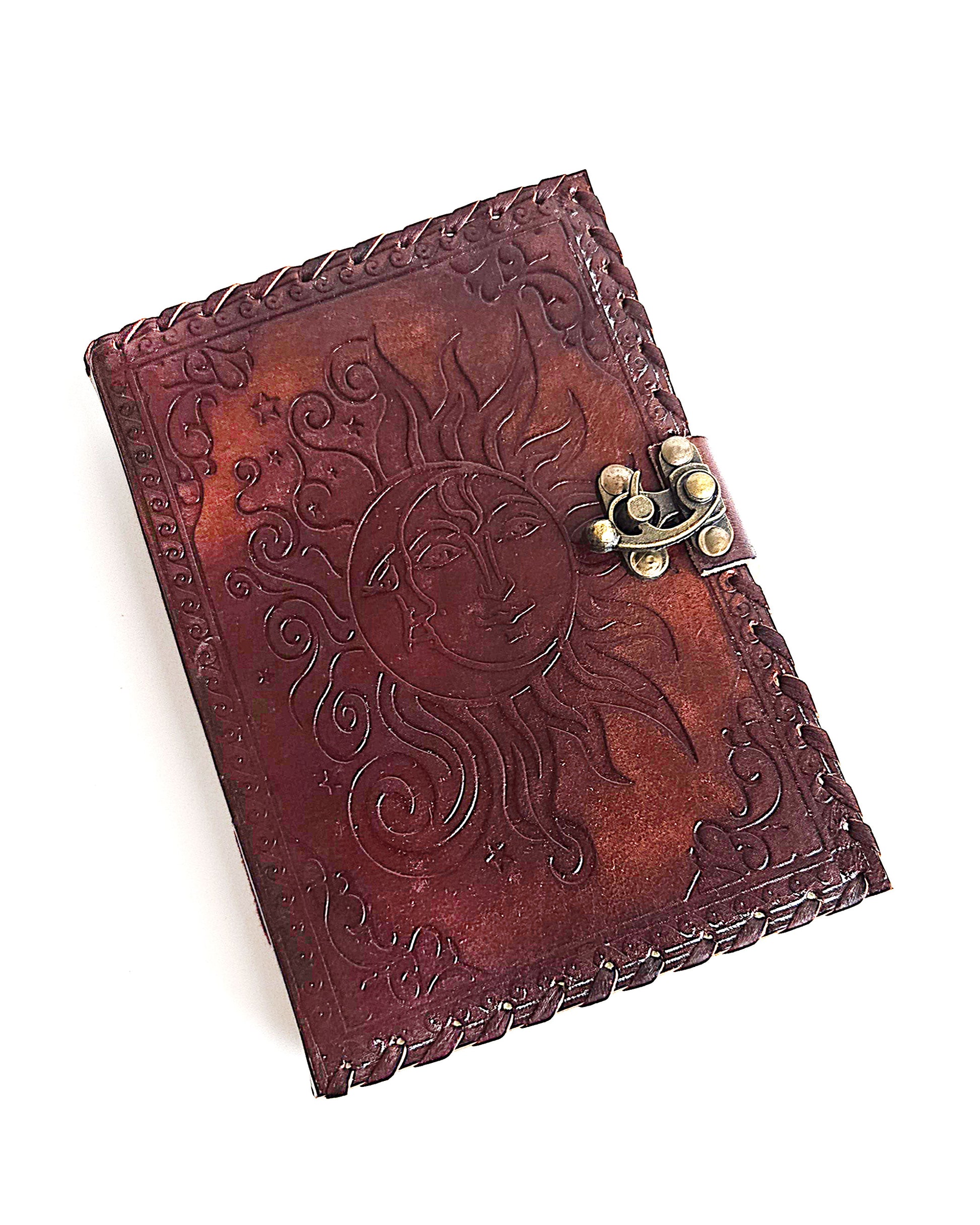 leather writing journal with embossed sun and moon design antique buckle closure and leather stitched edges front