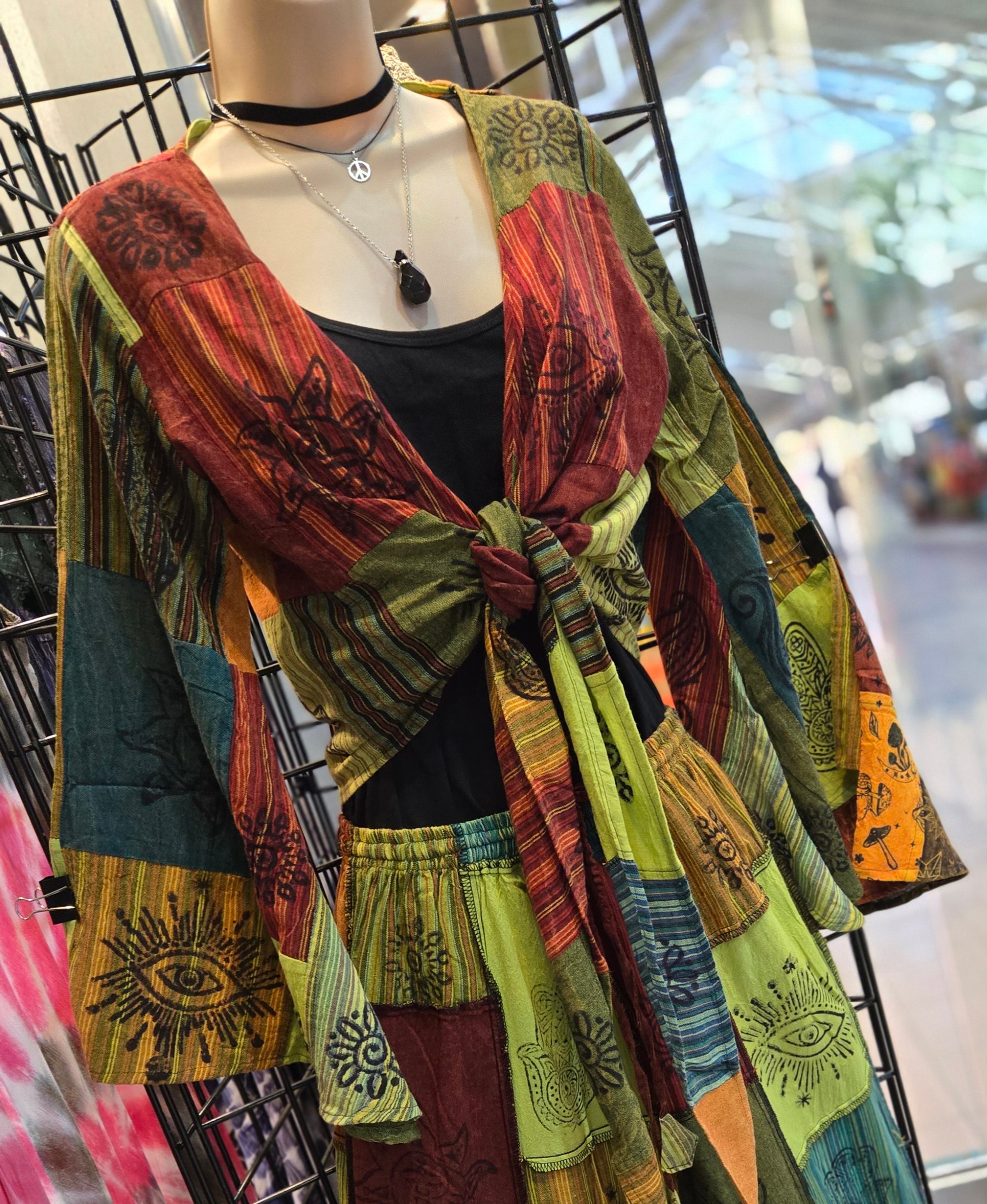 green sun patchwork bell sleeve crop top with tie front