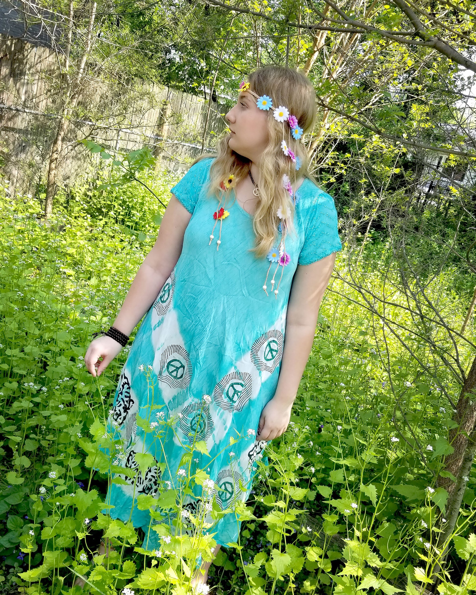 teal peace sign hippie maxi dress for women at the boho hippie hut
