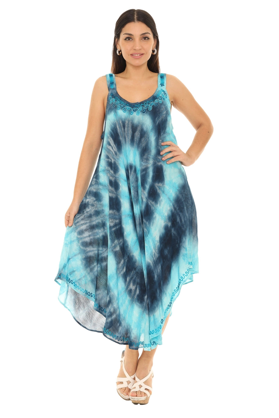 front of two tone blue tie dye hippie dress with embroidery