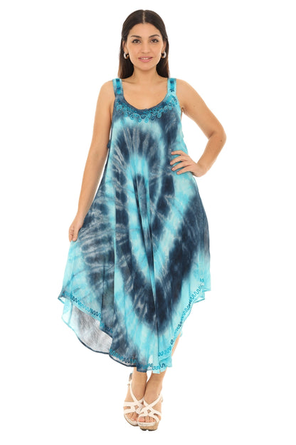front of two tone blue tie dye hippie dress with embroidery