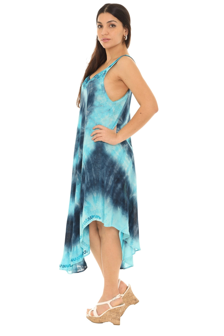 two tone tank style blue tie dye dress with embroidery side view