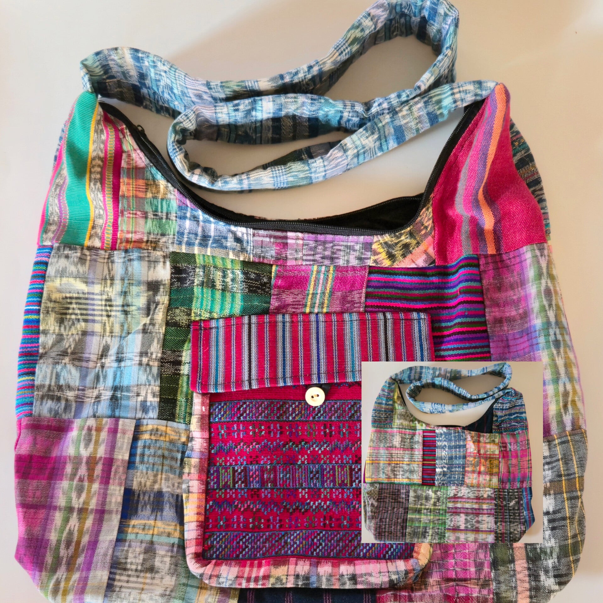Multicolored patchwork upcycled hobo bag with a close-up inset on a beige background