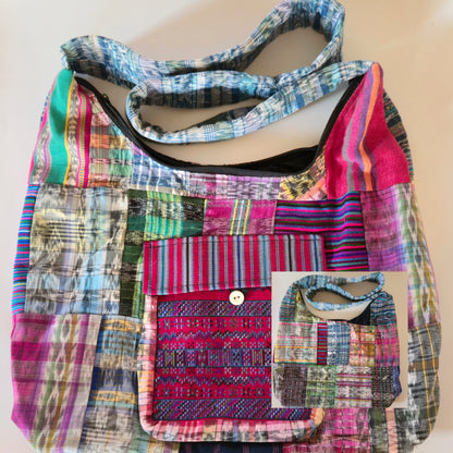 Multicolored patchwork upcycled hobo bag with a close-up inset on a beige background