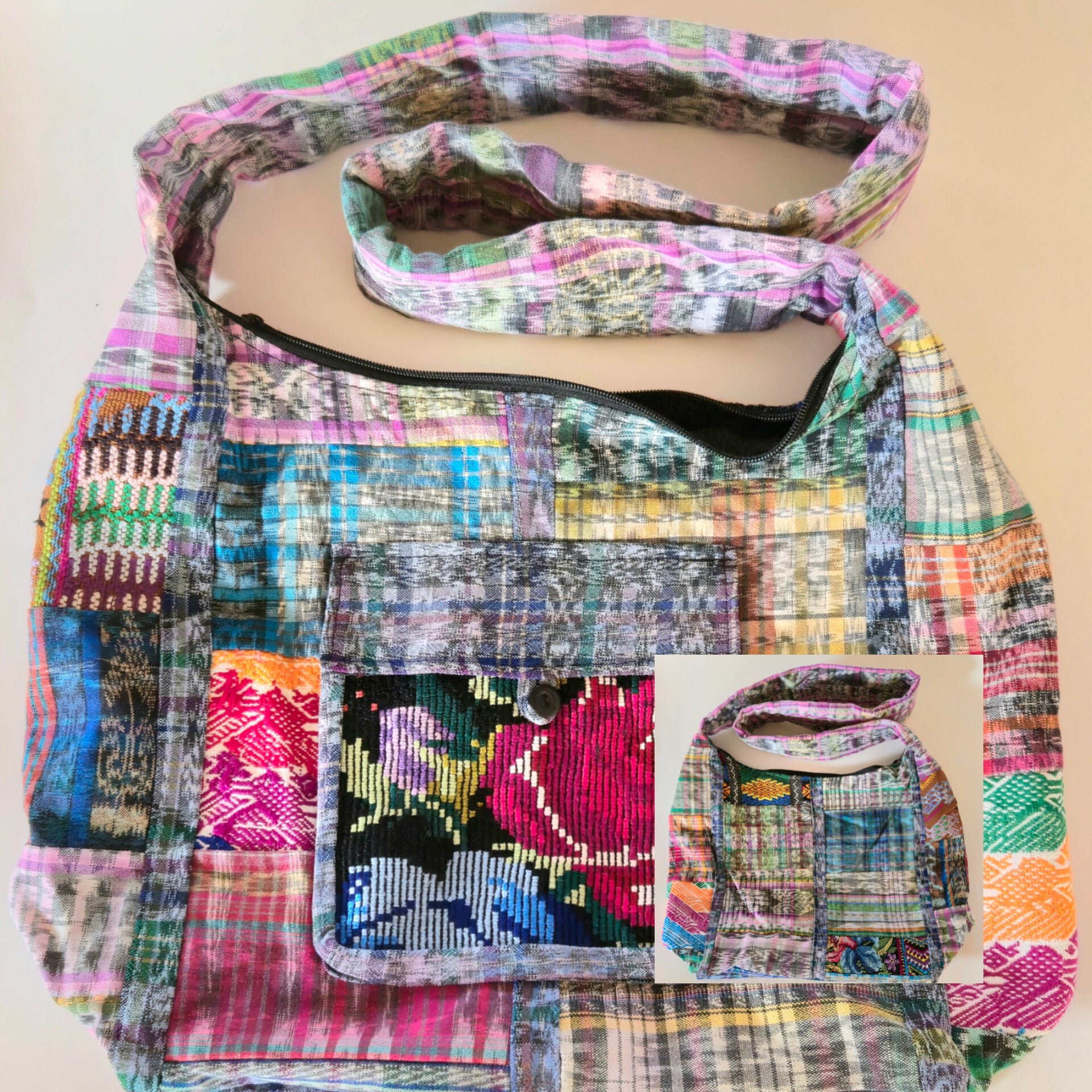Colorful patchwork upcycled hobo bag with a close-up inset on a beige background