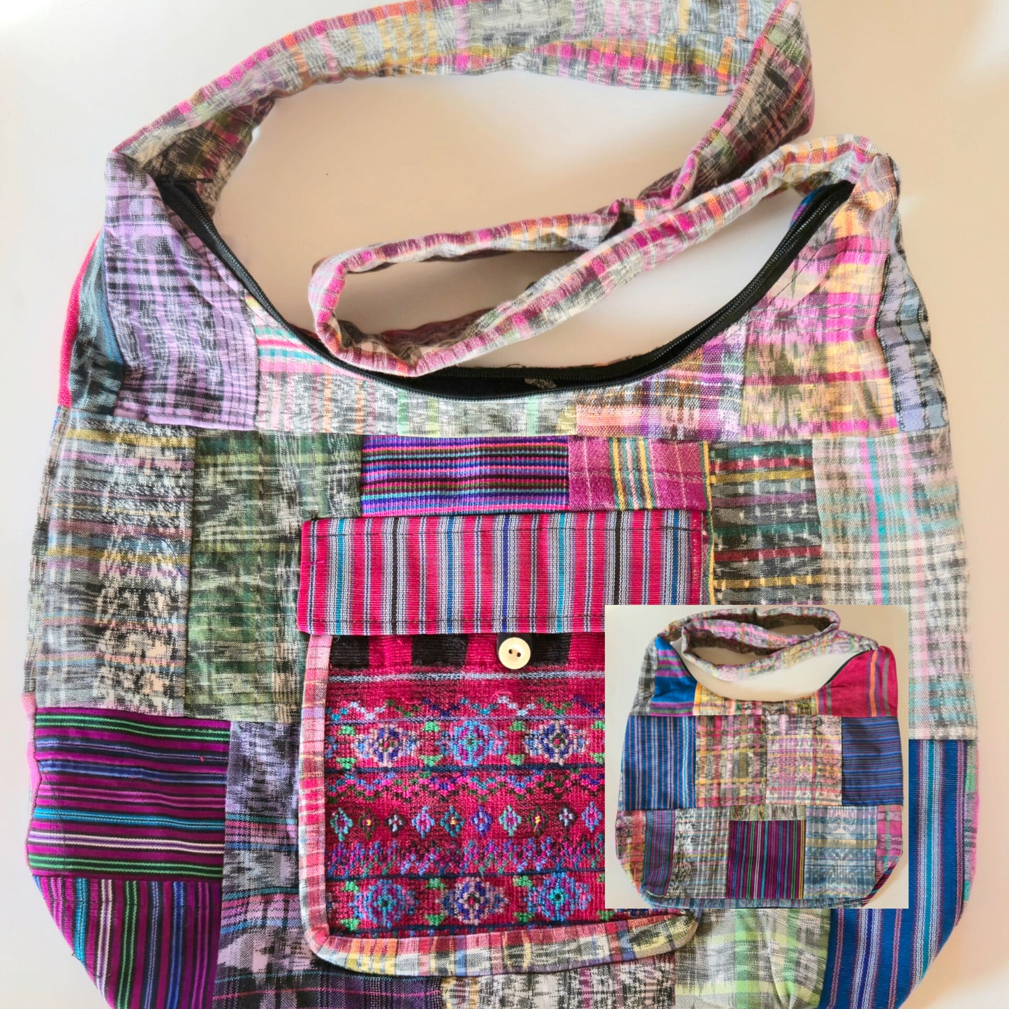 Multicolored patchwork upcycled hobo bag with a close-up inset showing intricate patterns.