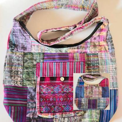 Multicolored patchwork upcycled hobo bag with a close-up inset showing intricate patterns.