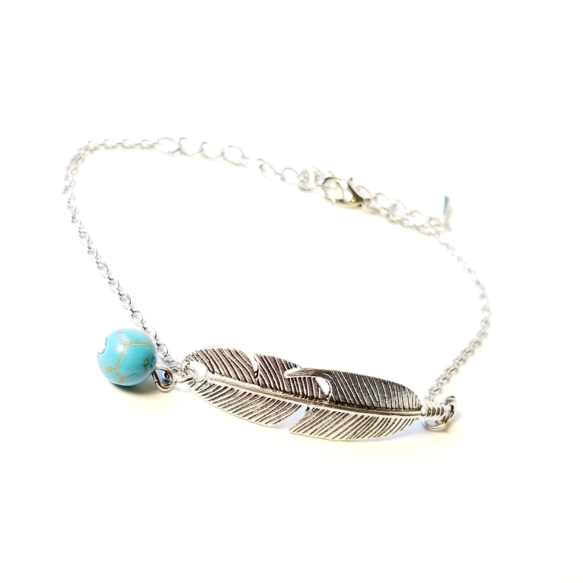 adjustable feather anklet with turquoise bead on chain the boho hippie hut
